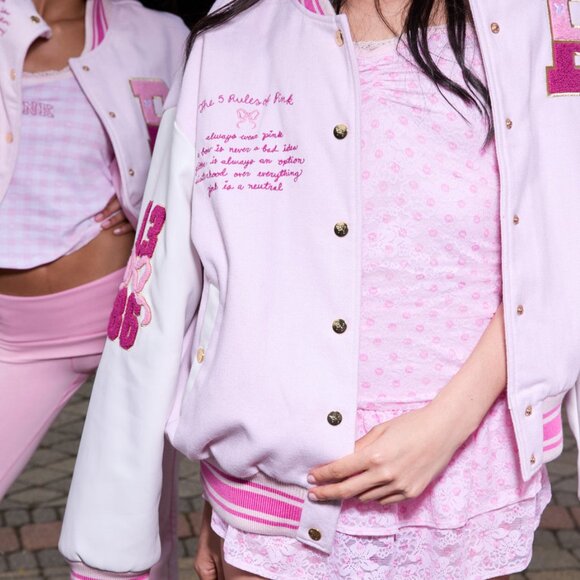New PINK x Love Shack Fancy Reissued Boyfriend Varsity Jacket Bow Coquette - Picture 4 of 5